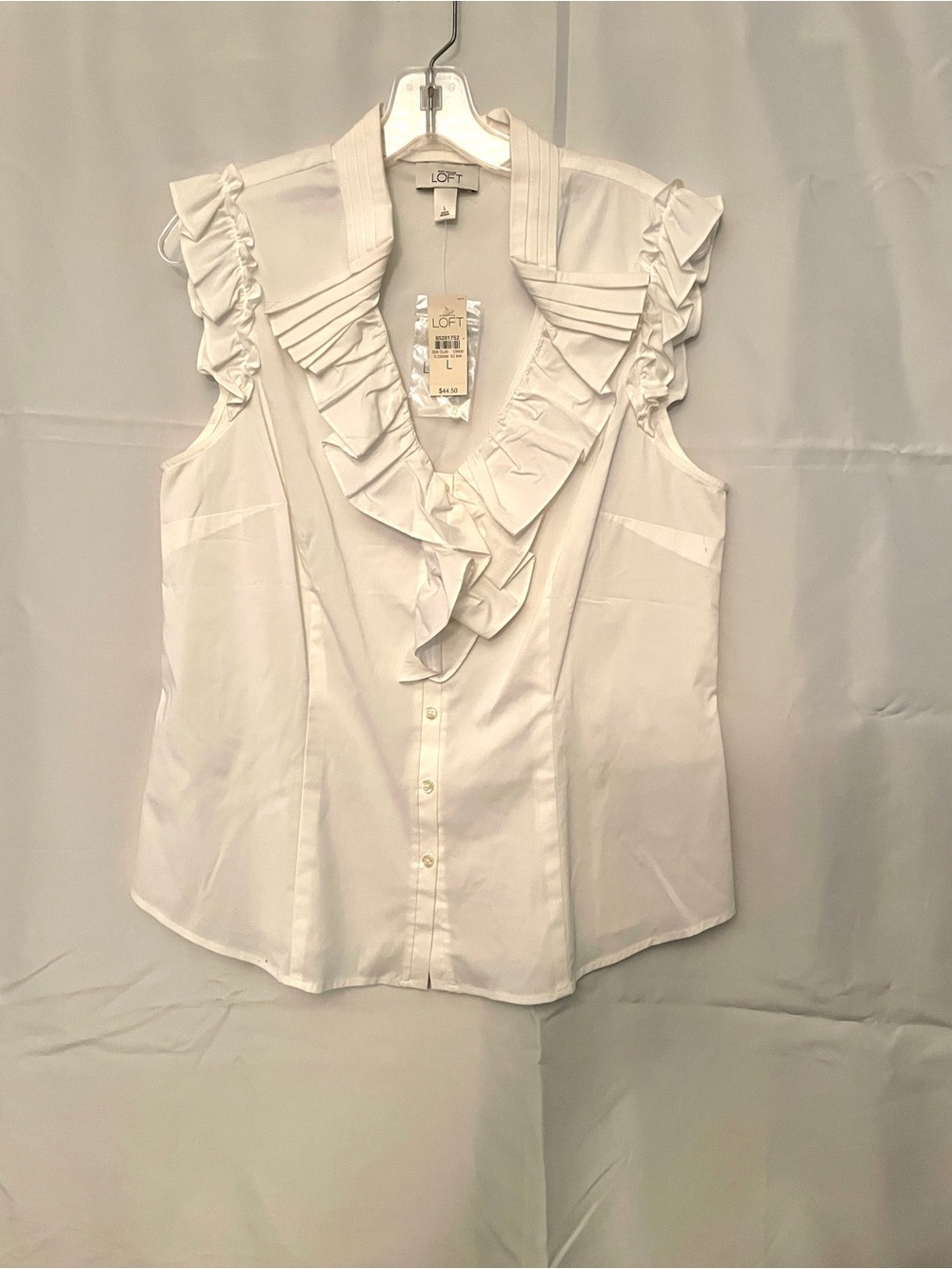 LOFT White Ruffle V-Neck Sleeveless Button Front Blouse Cotton